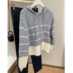 Áo khoác len hoodie có mũ kéo zip kẻ ngang phong cách Hàn Quốc