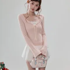 Áo len dệt kim mỏng viền ren cổ chữ V phối tay loe dài màu hồng ngọt ngào