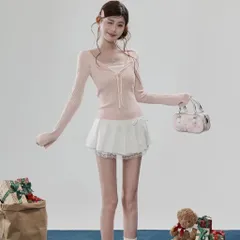 Áo len dệt kim mỏng viền ren cổ chữ V phối tay loe dài màu hồng ngọt ngào