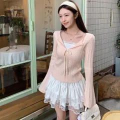 Áo len dệt kim mỏng viền ren cổ chữ V phối tay loe dài màu hồng ngọt ngào