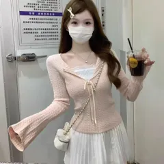 Áo len dệt kim mỏng viền ren cổ chữ V phối tay loe dài màu hồng ngọt ngào