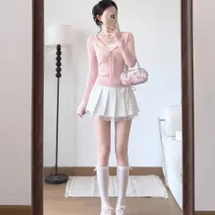 Áo len dệt kim mỏng viền ren cổ chữ V phối tay loe dài màu hồng ngọt ngào