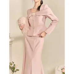 Set đầm dài đuôi cá hồng và áo bồng hoa trà phong cách Pháp