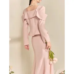 Set đầm dài đuôi cá hồng và áo bồng hoa trà phong cách Pháp