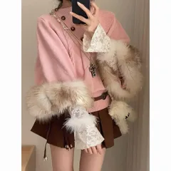 Áo len khăn hồng đính cúc phối tay lông ấm áp và chân váy nâu tiểu thư