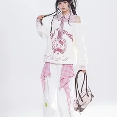 Áo hoodie phối cổ sơ mi kẻ hở vai kèm cavat in hình mèo cá tính