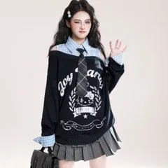 Áo hoodie phối cổ sơ mi kẻ hở vai kèm cavat in hình mèo cá tính