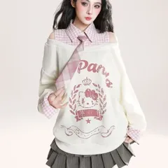 Áo hoodie phối cổ sơ mi kẻ hở vai kèm cavat in hình mèo cá tính