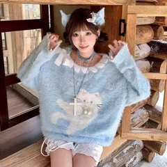 Áo len lông in hình chú mèo đan dây cổ dễ thương