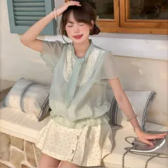 Áo voan tơ xanh tay cánh dơi thắt nơ cổ thêu hoa tiểu thư viền bèo hông