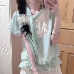 Áo voan tơ xanh tay cánh dơi thắt nơ cổ thêu hoa tiểu thư viền bèo hông