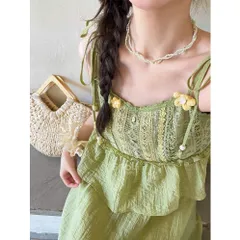 Set váy hai dây xanh cốm xòe bèo đính ren hoa nhẹ nhàng cho mùa hè