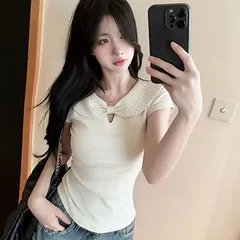 Áo thun ngắn tay cổ nơ chấm bi dáng ôm cộc mùa hè cho nữ