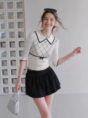 Áo len dệt lửng tay nữ cổ bẻ họa tiết kẻ ô sọc hình thoi thắt nơ eo viền đen style Hàn Quốc mùa thu