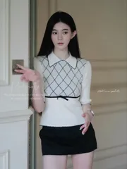 Áo len dệt lửng tay nữ cổ bẻ họa tiết kẻ ô sọc hình thoi thắt nơ eo viền đen style Hàn Quốc mùa thu
