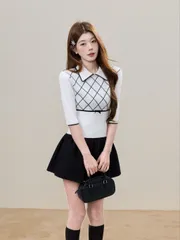 Áo len dệt lửng tay nữ cổ bẻ họa tiết kẻ ô sọc hình thoi thắt nơ eo viền đen style Hàn Quốc mùa thu