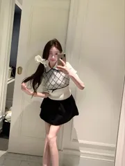 Áo len dệt lửng tay nữ cổ bẻ họa tiết kẻ ô sọc hình thoi thắt nơ eo viền đen style Hàn Quốc mùa thu