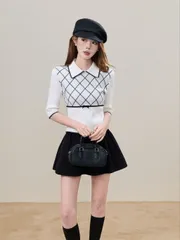Áo len dệt lửng tay nữ cổ bẻ họa tiết kẻ ô sọc hình thoi thắt nơ eo viền đen style Hàn Quốc mùa thu