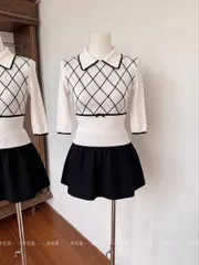 Áo len dệt lửng tay nữ cổ bẻ họa tiết kẻ ô sọc hình thoi thắt nơ eo viền đen style Hàn Quốc mùa thu