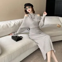 Váy len gân hở vai dáng ôm cổ lọ phối layer giả hai mảnh sang chảnh