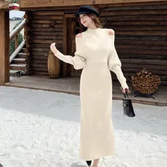 Váy len gân hở vai dáng ôm cổ lọ phối layer giả hai mảnh sang chảnh