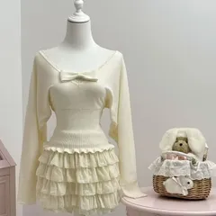 Áo len đính nơ cổ chữ V phối ren viền bèo ôm hông tiểu thư