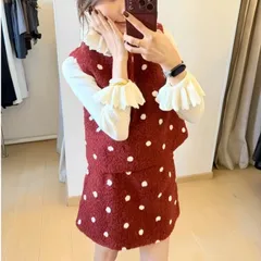 Set bộ áo gile và chân váy chấm bi dạ lông cừu đỏ và nâu tiểu thư