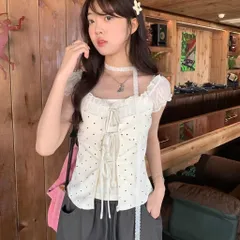 Áo Kiểu Nữ Chấm Bi Giả Hai Lớp Thắt Nơ Trước Phối Tay Bèo Voan Xinh Xắn Phong Cách Hàn Quốc