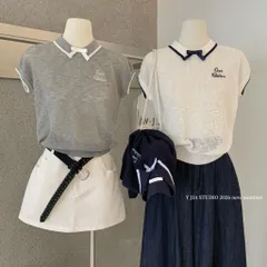 Áo thun nữa len mỏng thoáng khí cổ bẻ phối viền thắt nơ ngực thêu chữ phong cách tiểu thư