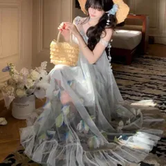 Váy hai dây hoa xanh lưới dáng suông viền bèo đính hoa lá vải sắc xanh tiểu thư đi biển (SẴN SHIP HỎA TỐC)