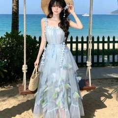 Váy hai dây hoa xanh lưới dáng suông viền bèo đính hoa lá vải sắc xanh tiểu thư đi biển (SẴN SHIP HỎA TỐC)