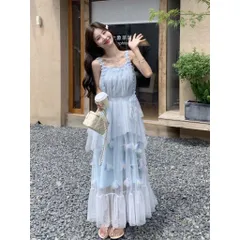 Váy hai dây hoa xanh lưới dáng suông viền bèo đính hoa lá vải sắc xanh tiểu thư đi biển (SẴN SHIP HỎA TỐC)