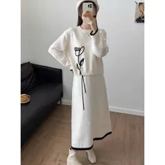 Set bộ áo và váy len trắng đan hoa mảnh đen nghệ thuật viền lông tơ tiểu thư