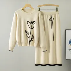 Set bộ áo và váy len trắng đan hoa mảnh đen nghệ thuật viền lông tơ tiểu thư