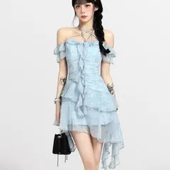 Váy voan loang xanh xếp bèo lệch tà trễ vai (XẢ SẴN)
