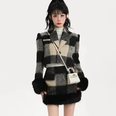 Set đầm dạ lông kẻ caro tay viền bông trắng. Set vest đầm croptop kẻ caro (sẵn XS, S ngắn đỏ)