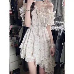 Váy voan hoa nhí phối ren bèo tay bó hoa trễ vai lệch tà