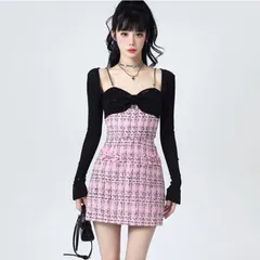 Đầm váy dạ gai hồng hai dây phối màu nơ đen. Set đầm body dạ hai dây
