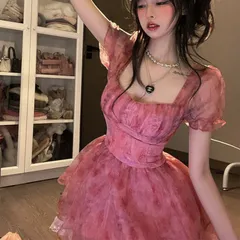 Váy xòe voan hoa hồng cúp ngực tiểu thư (sẵn xả)