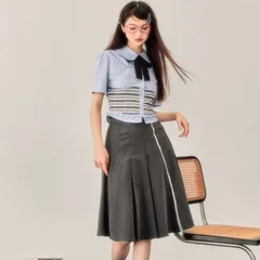Áo sơ mi croptop kiểu phối kẻ ngang đính nơ (SẴN S)