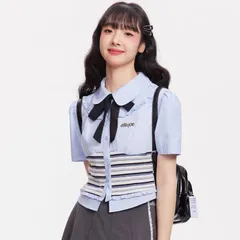 Áo sơ mi croptop kiểu phối kẻ ngang đính nơ (SẴN S)