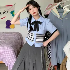 Áo sơ mi croptop kiểu phối kẻ ngang đính nơ (SẴN S)
