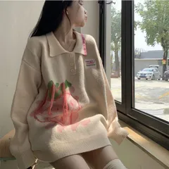 Áo len polo hình quả dâu hồng dễ thương. Áo len dáng rộng trẻ trung (XẢ)