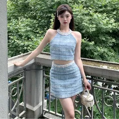Set váy đầm dạ gai vải tweet xanh dương kẻ caro cổ yếm đính đá ngọc (SẴN)