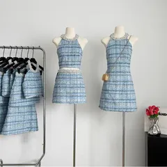 Set váy đầm dạ gai vải tweet xanh dương kẻ caro cổ yếm đính đá ngọc (SẴN)