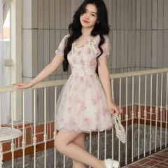 Váy xòe cuộn voan lưới hoa đính nơ và cúc ngọc (sẵn XS, M,L)