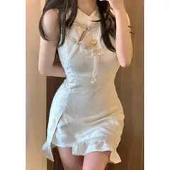 Đầm váy sườn xám Trung Quốc màu trắng sát nách