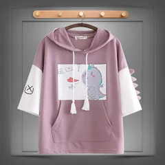 Áo hoodie nỉ in hình khủng long dễ thương. Áo thun nữ có mũ in hình. (xả hàng)