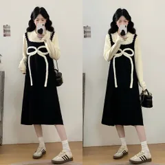 Đầm len đen dáng yếm suông phối cổ sơ mi trắng thêu nơ xinh tiểu thư