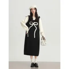 Đầm len đen dáng yếm suông phối cổ sơ mi trắng thêu nơ xinh tiểu thư